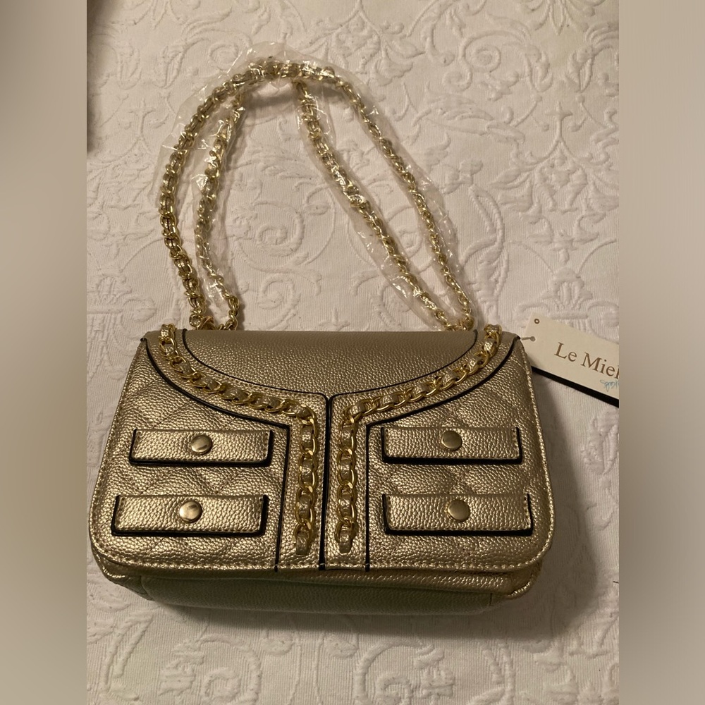 Le Miel Vegan Leather Purse with Gold Tone Chain NWT